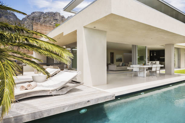 istock Swimming pool and patio of modern house 457982425