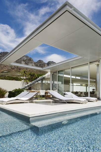 istock Patio and swimming pool along modern house 457982537