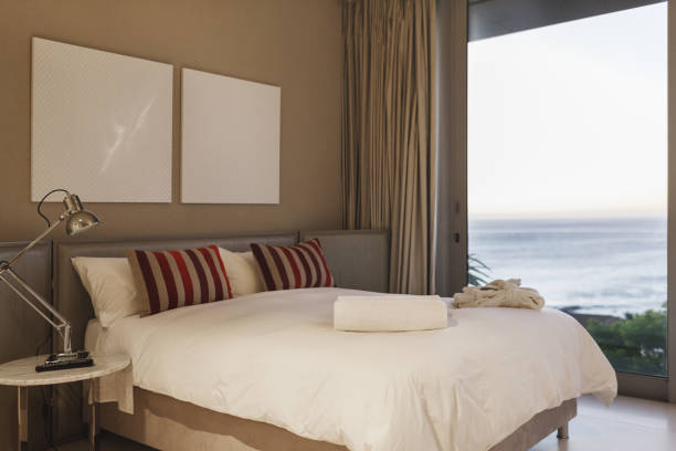 istock Modern bedroom with ocean view 457982763