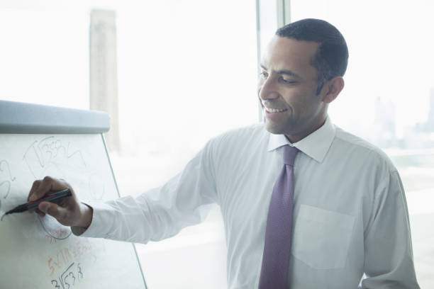 istock Businessman writing on whiteboard in office 457982963