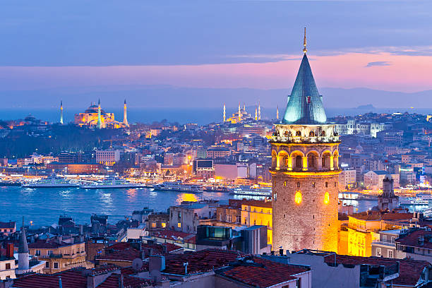 İstanbul Turkey Galata tower and bosphorus in İstanbul Turkey. islamic architecture photos stock pictures, royalty-free photos & images