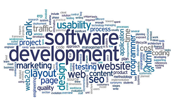 Software development concept in tag cloud stock photo
