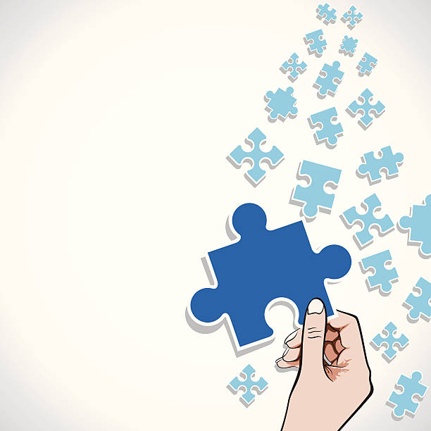 ilustraciones, imágenes clip art, dibujos animados e iconos de stock de pieza en el rompecabezas de la mano - portion blue jigsaw puzzle puzzle