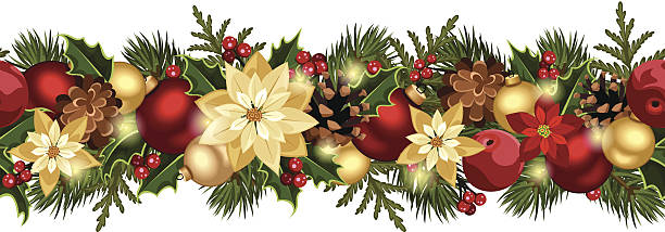 Christmas horizontal seamless background. Vector eps-10. Vector Christmas horizontal seamless background with red and gold balls, fir branches, cones, poinsettia, apples and holly. christmas stars stock illustrations