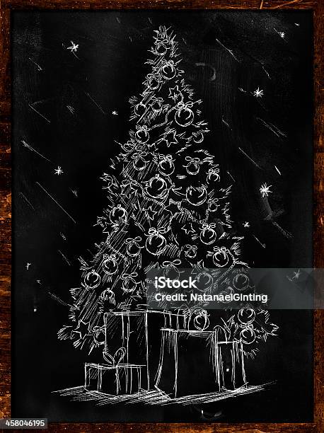 Christmas Tree Sketch On Blackboard Stock Illustration - Download Image Now - Abstract, Art, Art And Craft