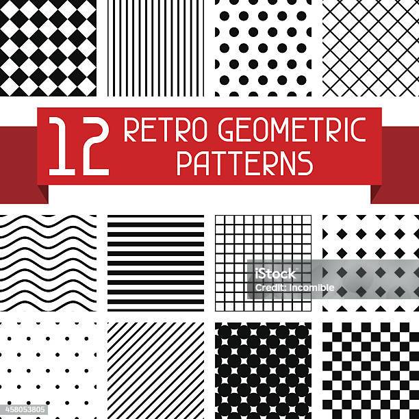 Conjunto De 12 Retro Padrões Geométricos - Arte vetorial de stock e mais imagens de Amostra de Tecido - Têxtil - Amostra de Tecido - Têxtil, Padrão, Texturizado