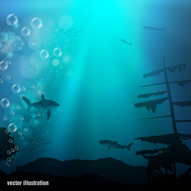 underwater world Beautiful and dangerous underwater world with sharks and old ship sinking boat stock illustrations