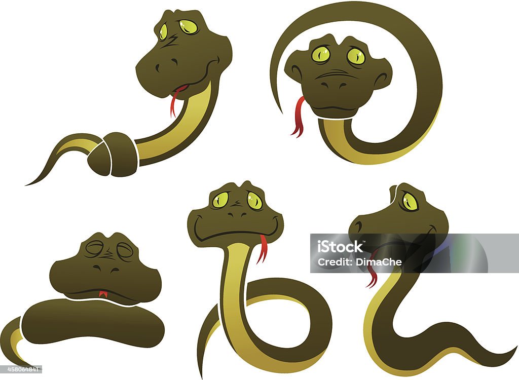 Funny snakes Set of five funny snakes. All snakes on separate layers. Bright green, no gradient, easy editable variant also attached. Snake stock vector