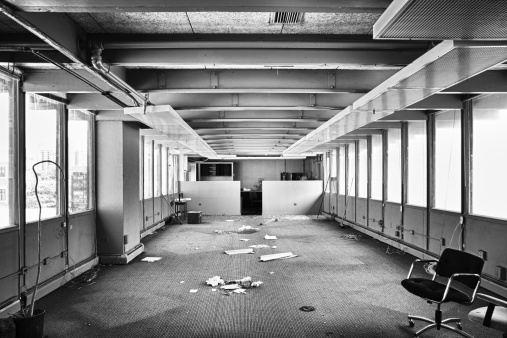 An abandoned office space in a soon to be demolished building.
