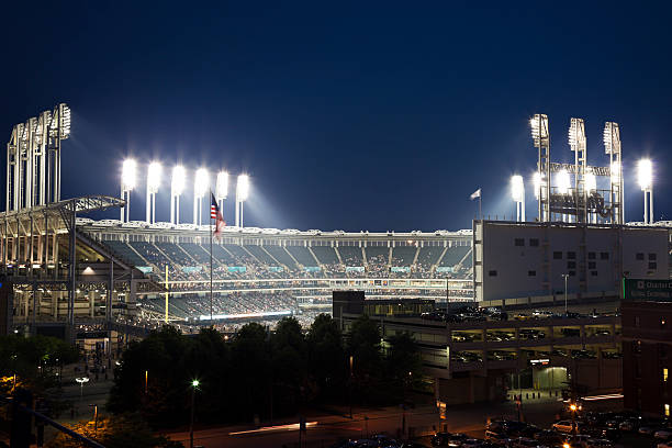 Progressive Field "Cleveland, Ohio, USA - June 15, 2010: Progressive Field seen during spring evening time before an event. The stadium was built in 1994 and allows 43000 people. Progressive Field is home to Cleveland Indians - MLB team." major league baseball stock pictures, royalty-free photos & images