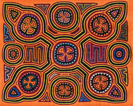 Sunnyvale, California, USA - January 9, 2011: Mola in reverse applique and embroidery. Made by female members of the Kuna Indians, San Blas Archipelago, Panama. Private collection. Purchased 2000.