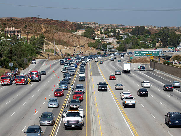 Chatsworth Freeway Closure "Chatsworth, California, USA - July, 8th 2010:  Brush fire causes traffic jam on the 118 Freeway in the San Fernando Valley." los angeles traffic jam stock pictures, royalty-free photos & images