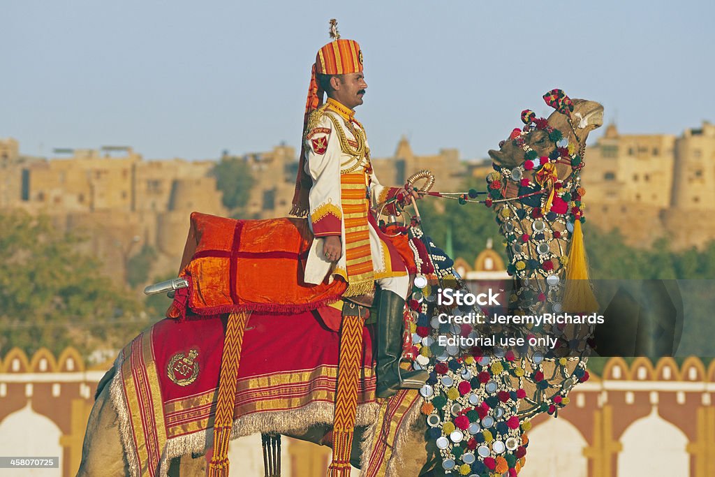 Camel Salute "Jaisalmer, Rajasthan, India - February 20, 2008: Uniformed officer of the Border Security Force rides a decorated camel in front of Jaisalmer Fort as part of the Desert Festival held annually in Jaisalmer, Rajasthan, India. The Border Security Force were established to patrol the desert border between India and Pakistan and do so using camels." Animal Stock Photo