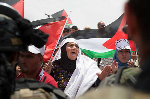 Palestinian woman at demonstration in the West Bank stock photo