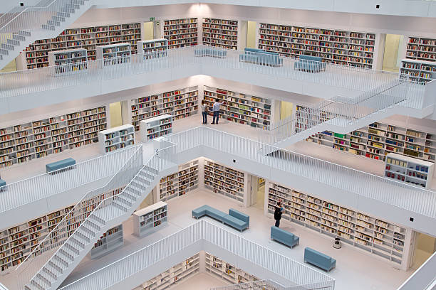 Modern Library "Stuttgart, Germany-July 2, 2012: Inside the Stuttgart City Library in Stuttgart, Germany. The library, opened in October 2011, was designed by Yi Architects and has more than 500,000 books." stuttgart photos stock pictures, royalty-free photos & images