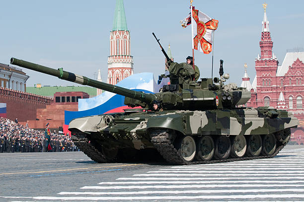 Russian main battle tank T-90 march along the Red Square stock photo