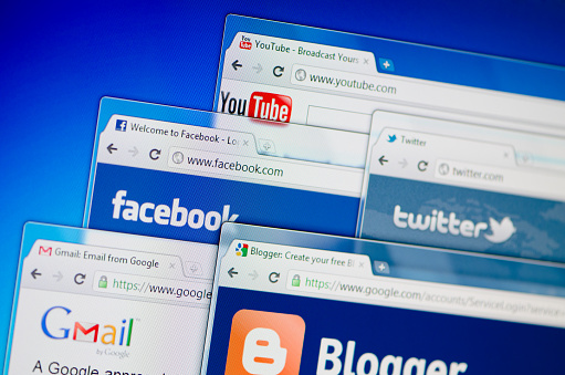 &Oacute;zd, Hungary - August 24, 2011: Social media web sites on computer screen including Facebook, Twitter, Youtube,  Gmail. Social media sites are the most visited web sites in the world.