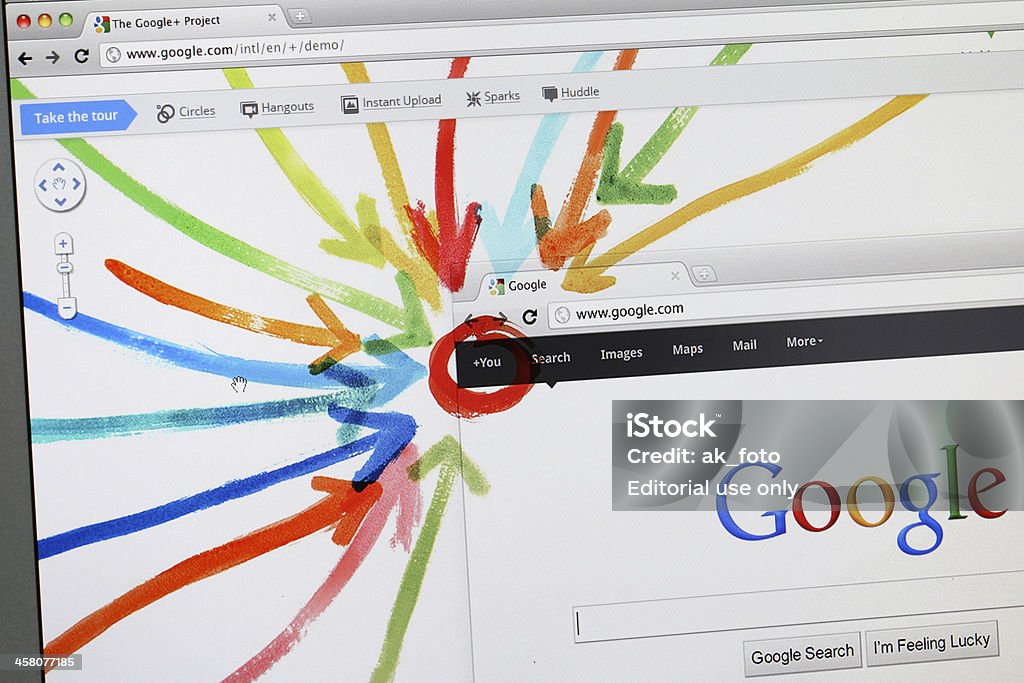 Google Plus - the new social network "Mountain View, USA - June 28, 2011: Google introduces the Google+ project, a new social networking and real-life sharing website" Google - Brand-name Stock Photo