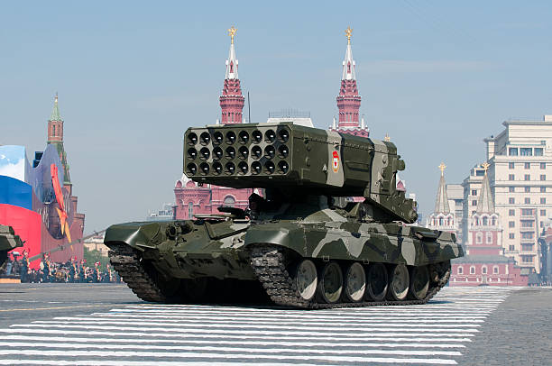 Heavy Flame Thrower System TOS-1 march along the Red Square stock photo