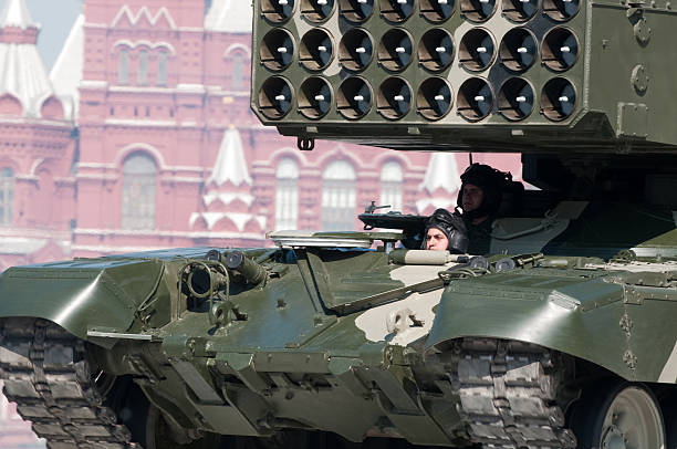 Heavy Flame Thrower System TOS-1 march along the Red Square stock photo