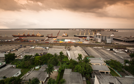Douala, Cameroon - February 14, 2011: An aerial view of Cameroon's biggest harbor in Douala.