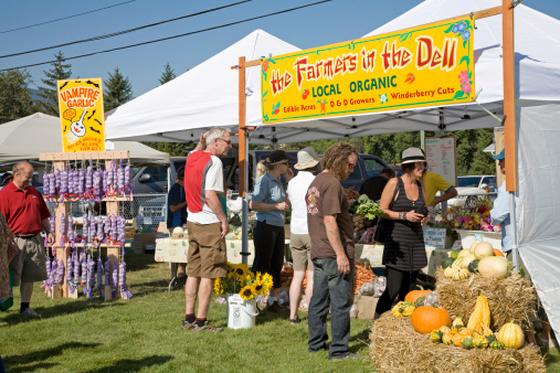 Windermere,British Columbia, Canada - September 10,2011: Group of people visiting Organic vegetable and flower kiosks at the Twelfth Annual Windermere Fall Fair And Scarecrow Festival. 
