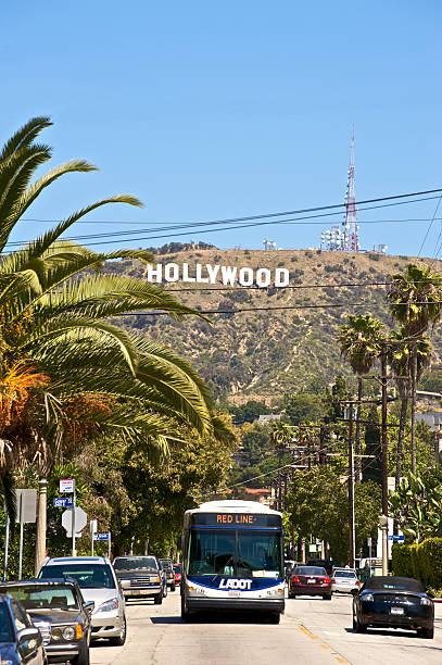 Los Angele's street and Hollywood Sign stock photo