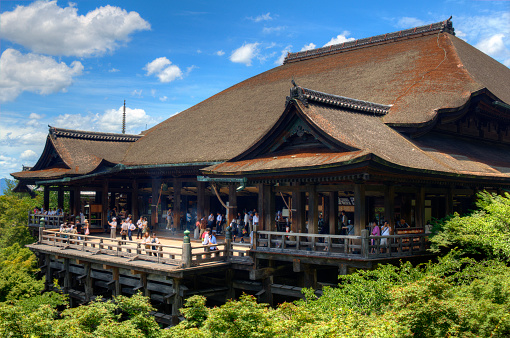Kyoto, Japan - July 10, 2011: Veranda of the Main Hall at Kiyomizu-dera. Founded in 798, the temple is now an UNESCO World Heritage Site.