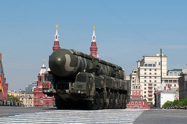 Mobile nuclear intercontinental ballistic missile &#171;Topol-M&#187; on Red Square stock photo