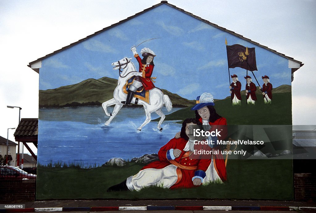 King Billy Crossing the Boyne "Belfast, Norther Ireland, UK - June 20th 2000: A mural of Belfast with the scene of King Billy crossing the Boyne; the victory of the english king William in the Battle of Boyne, 1690." Mural Stock Photo