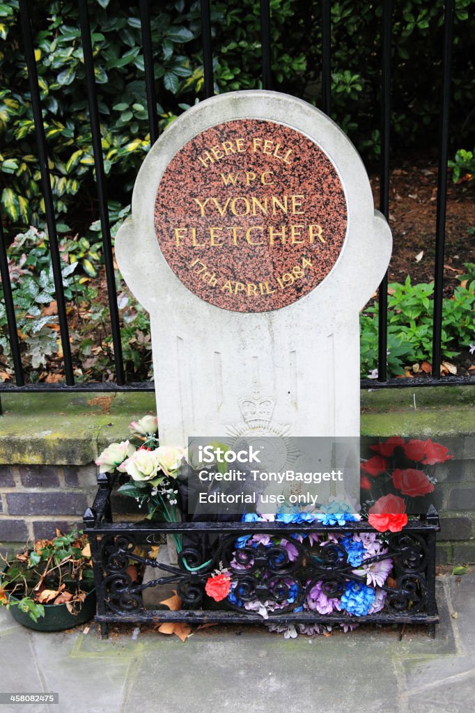 WPC Yvonne Fletcher Memorial London, UK - August 30, 2011: memorial to WPC Yvonne Fletcher in St James\'s Square who was fatally shot by the occupants of the Libyan embassy in 1984 1984 Stock Photo