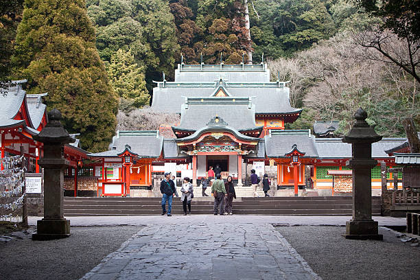 Asian visitors at Kirishima Shrine in Japan stock photo