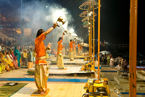 Varanasi, India - Feb 06, 2009: Every evening, there will be the Puja ritual for praising the god of Ganga on Ganges River bank. It\\\'s also a place can\\\'t be missed for tourists in Varanasi.
