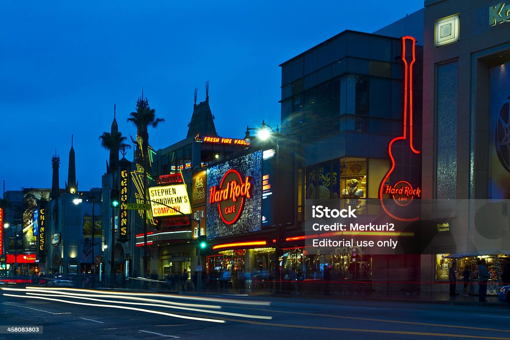 Hollywood Boulevard at Night "Los Angeles, USA - May 17, 2011: Famous Hollywood Boulevard in the Hollywood area of Los Angeles. The Hard Rock Cafe and Grauman's Chinese Theater are famous landmarks along the Boulevard." Hollywood Boulevard Stock Photo