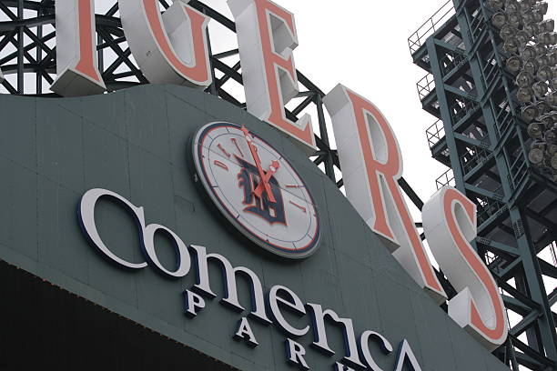 Comerica Park sign Detroit, Michigan, USA - May 31, 2010: Comerica Park sign of the home field Detroit Tigers baseball team detroit tigers stock pictures, royalty-free photos & images