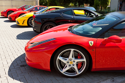 Maranello, Italy - May 30, 2011: Beautiful Ferrari supercars ready to be rent for a test drive in Maranello, Italy