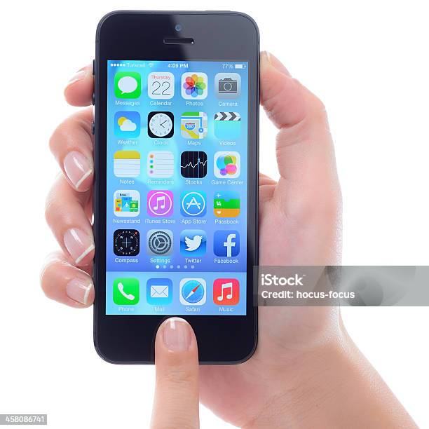 New Ios 7 On Iphone 5 Black Stock Photo - Download Image Now - Fingerprint, Adult, Apple Computers