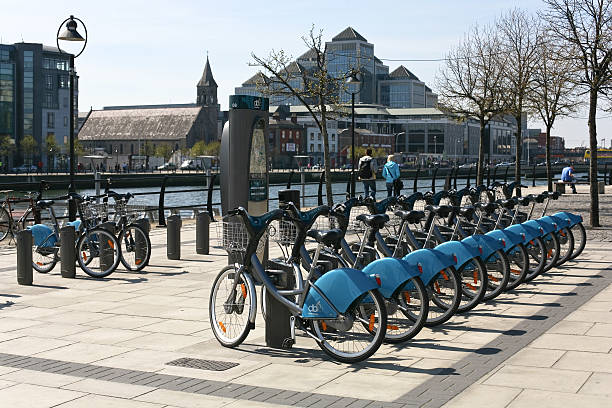 Bicycle rental station on public parking in the city.