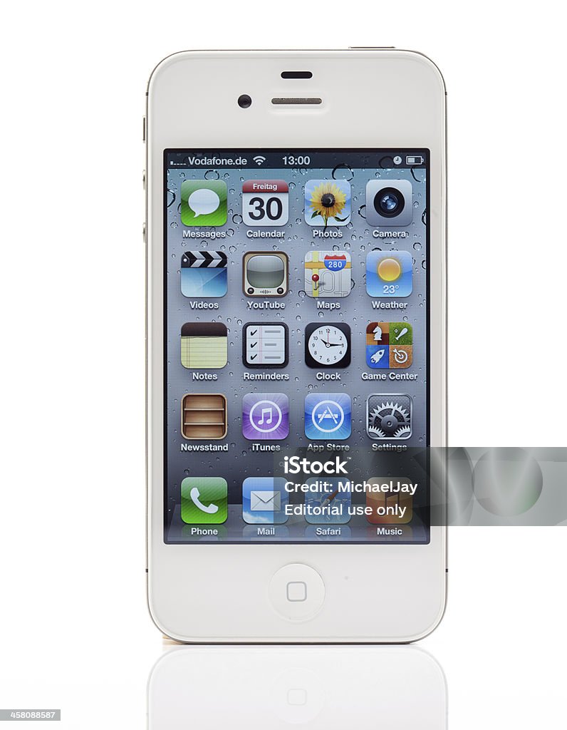 Branco iPhone 4S com inglês página principal - Royalty-free 2012 Foto de stock