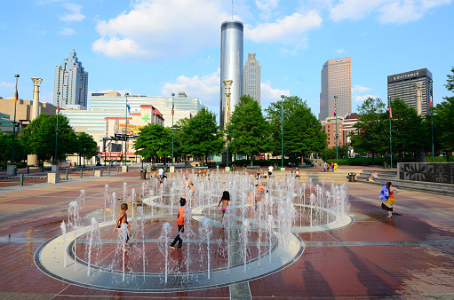 Atlanta, Georgia - May 11, 2011: Centennial Olympic Park in downtown Atlanta, Georgia was built for the 1996 Olympic Games and continues to serve as a recreational destination.