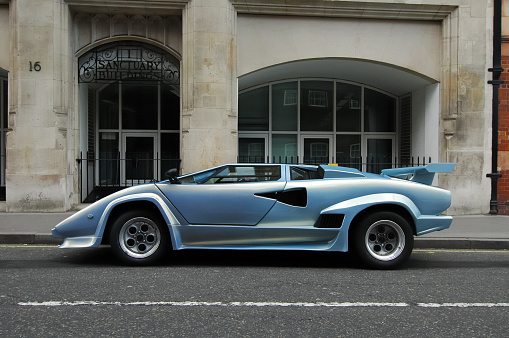 London, United Kingdom - March 5, 2006: Blue Lamborghini Countach parked on the side of the street in London.