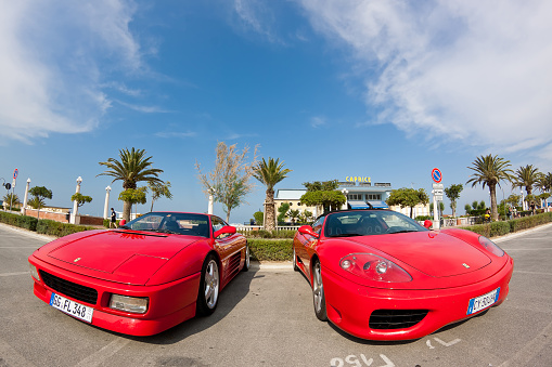 Giulianova, Italy - June 04, 2011: Ferrari supercars parked on the promenade of Giulianova, Italy, ready for the annual Ferrari meeting.