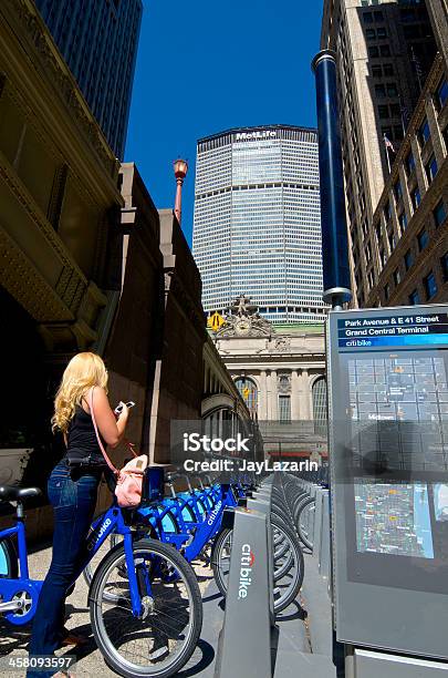 Woman Taking Bicycle Citi Bike Station Grand Central Terminal Nyc Stock Photo - Download Image Now