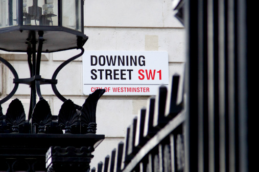 London, UK - March 15, 2023: Downing Street sign on a government building in London, UK.