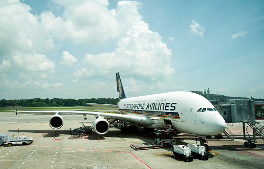Singapore, Singapore - August 13, 2011: Singapore Airlines A380 on the tarmac at Terminal three in Singapore Airport. 