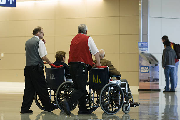 wheelchairs at the airport stock photo
