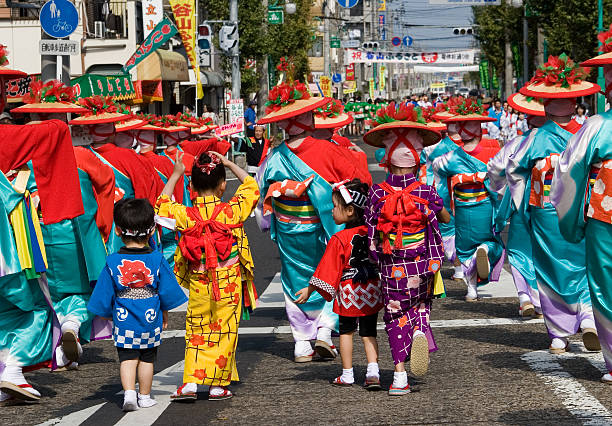 Young Japanese Festival Dancers in Kimono stock photo
