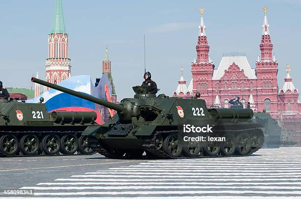 Legendary Soviet Tank Destroyer Su100 On Red Square Stock Photo - Download Image Now