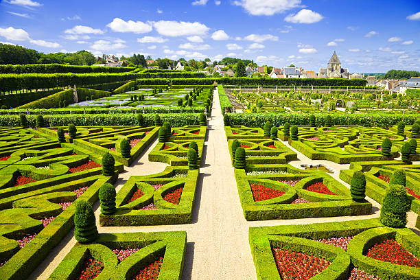 jardins vue panoramique du château de villandry - touraine photos et images de collection