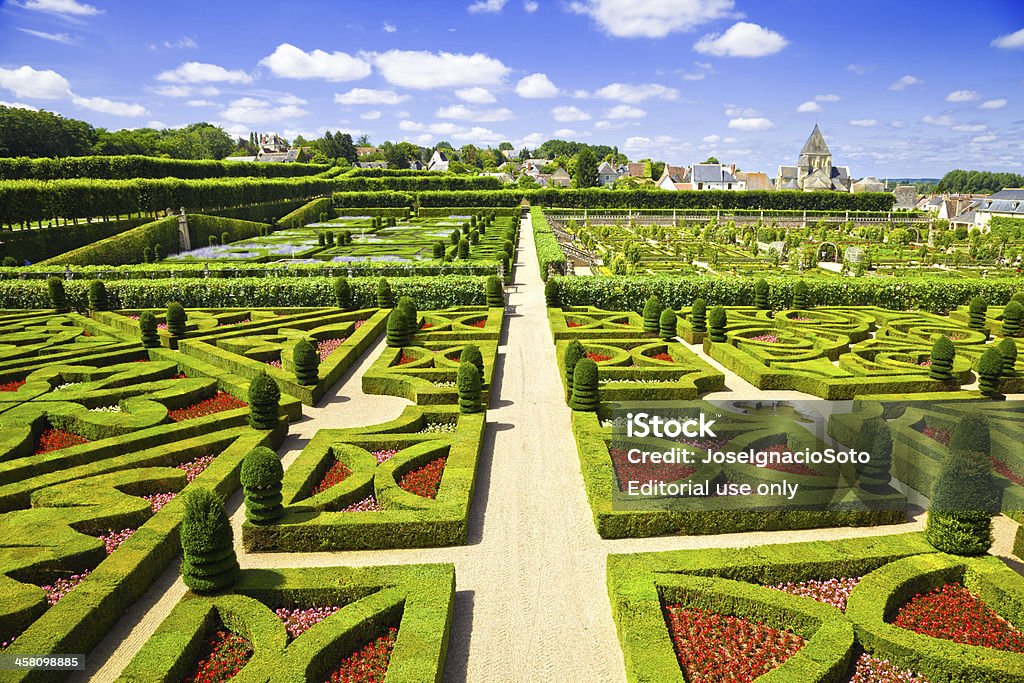 Villandry Chateau gardens panoramic "Villandry, France - July 20, 2009: Panoramic of Villandry Chateau gardens in a sunny summer day. Some unrecognizable people in the image" France Stock Photo